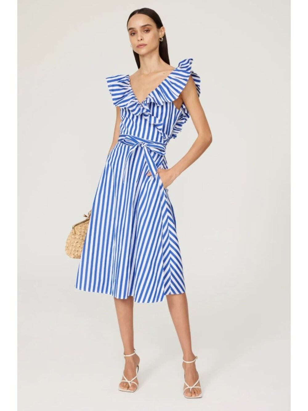 NWT Polo Ralph Lauren Striped Ruffled Cotton Mini in Blue White Wrap Dress 4 - Picture 1 of 11